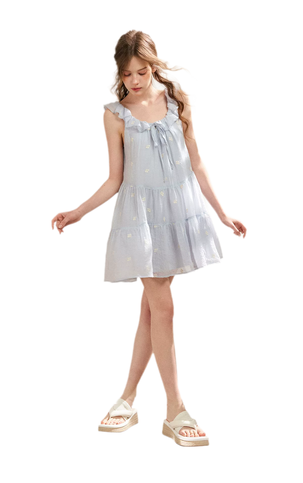 Tencel Embroidered Ruffle A-line Dress