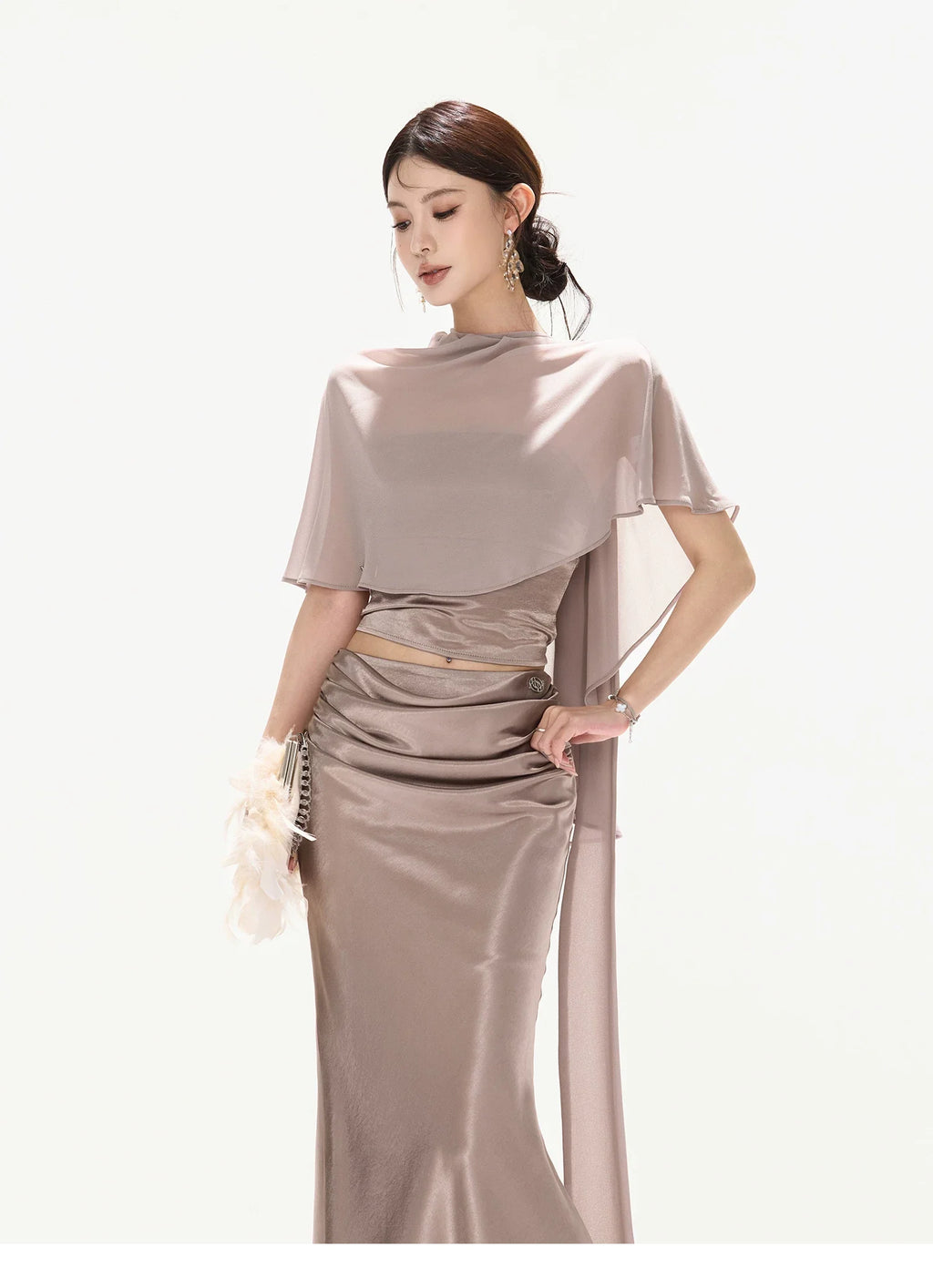 Amber Glow High-Waist Fishtail Satin Skirt