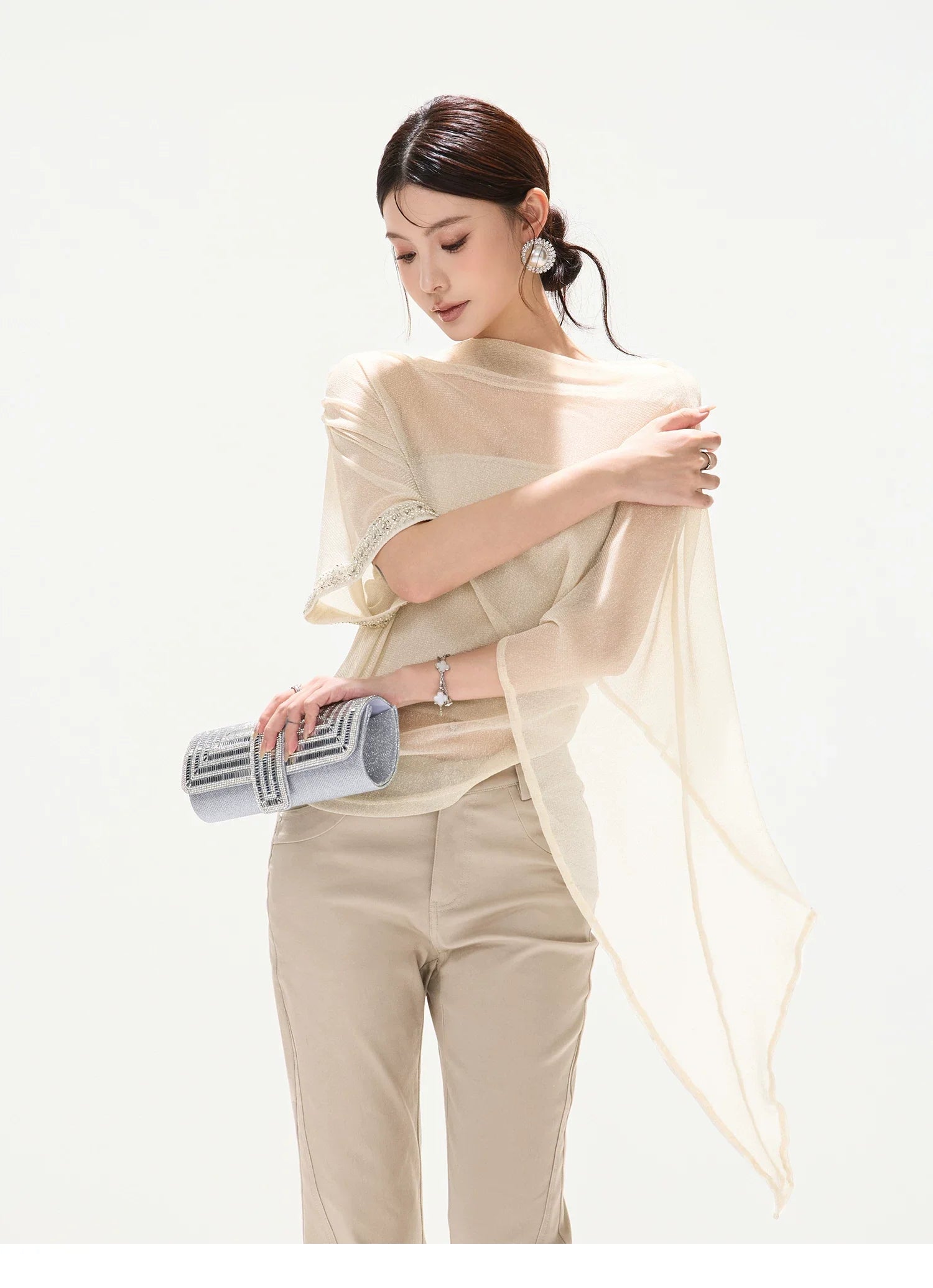 Silver Mesh Beaded Batwing Sleeve Top