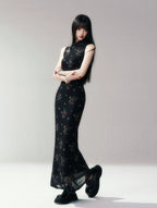 Dark Floral Mesh Qipao Dress