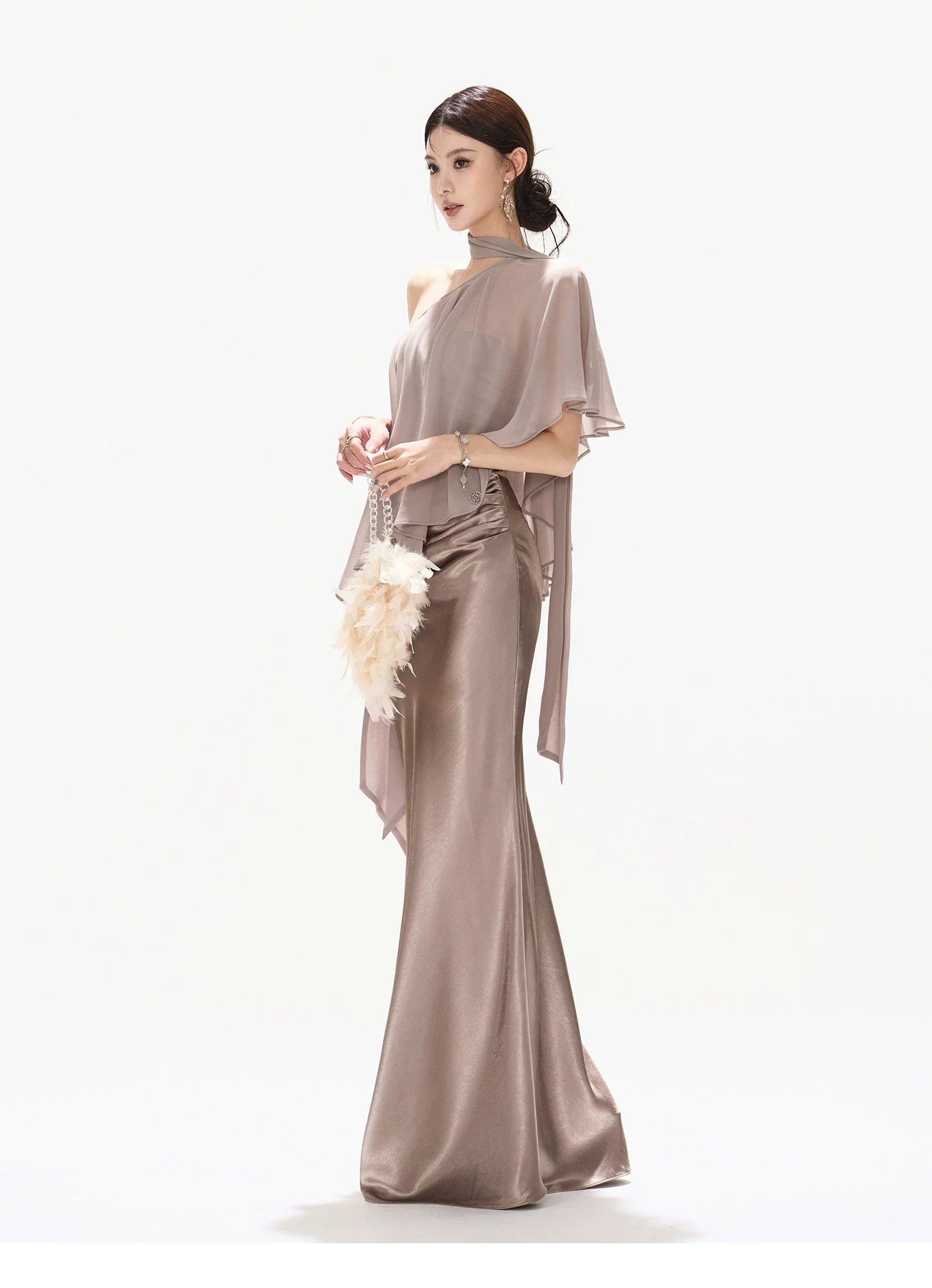 Amber Glow High-Waist Fishtail Satin Skirt