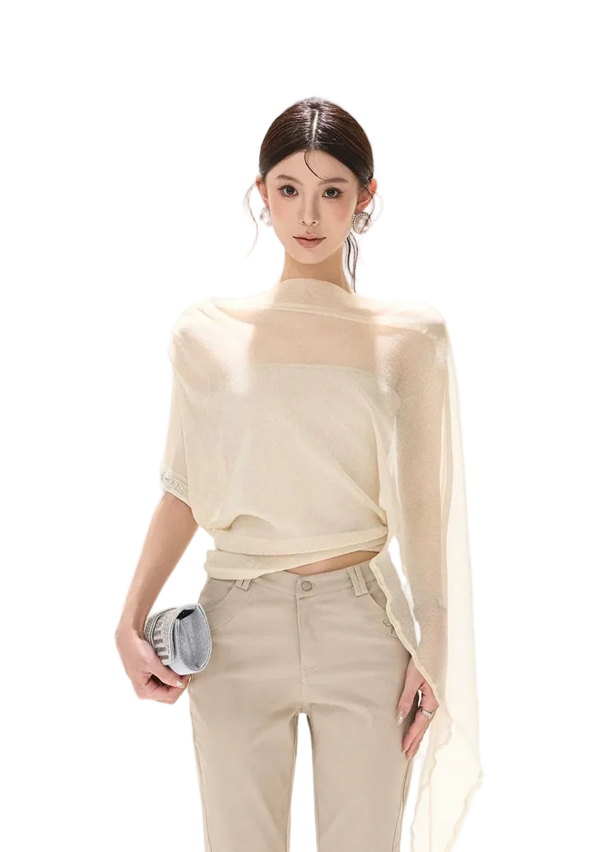 Silver Mesh Beaded Batwing Sleeve Top