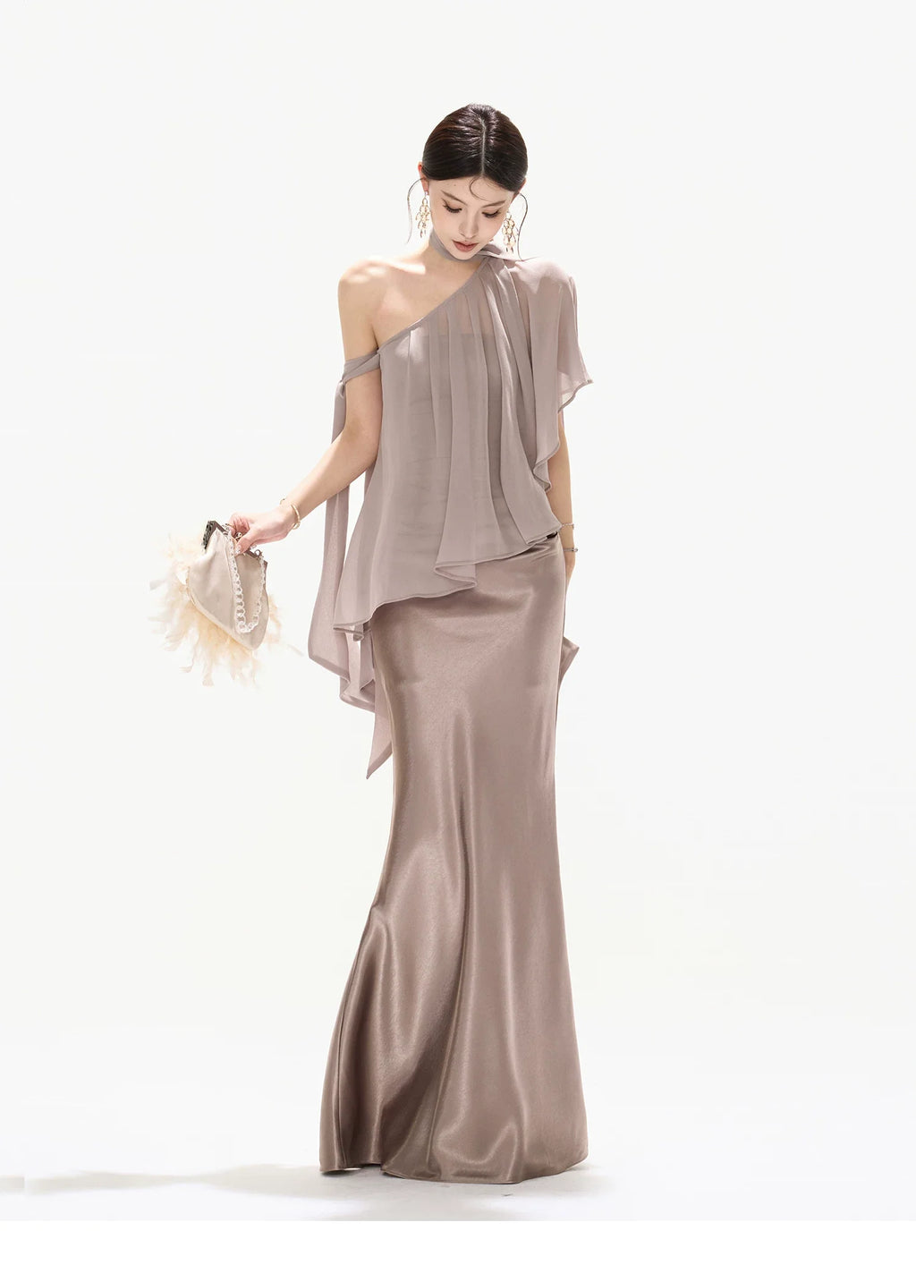 Amber Glow High-Waist Fishtail Satin Skirt