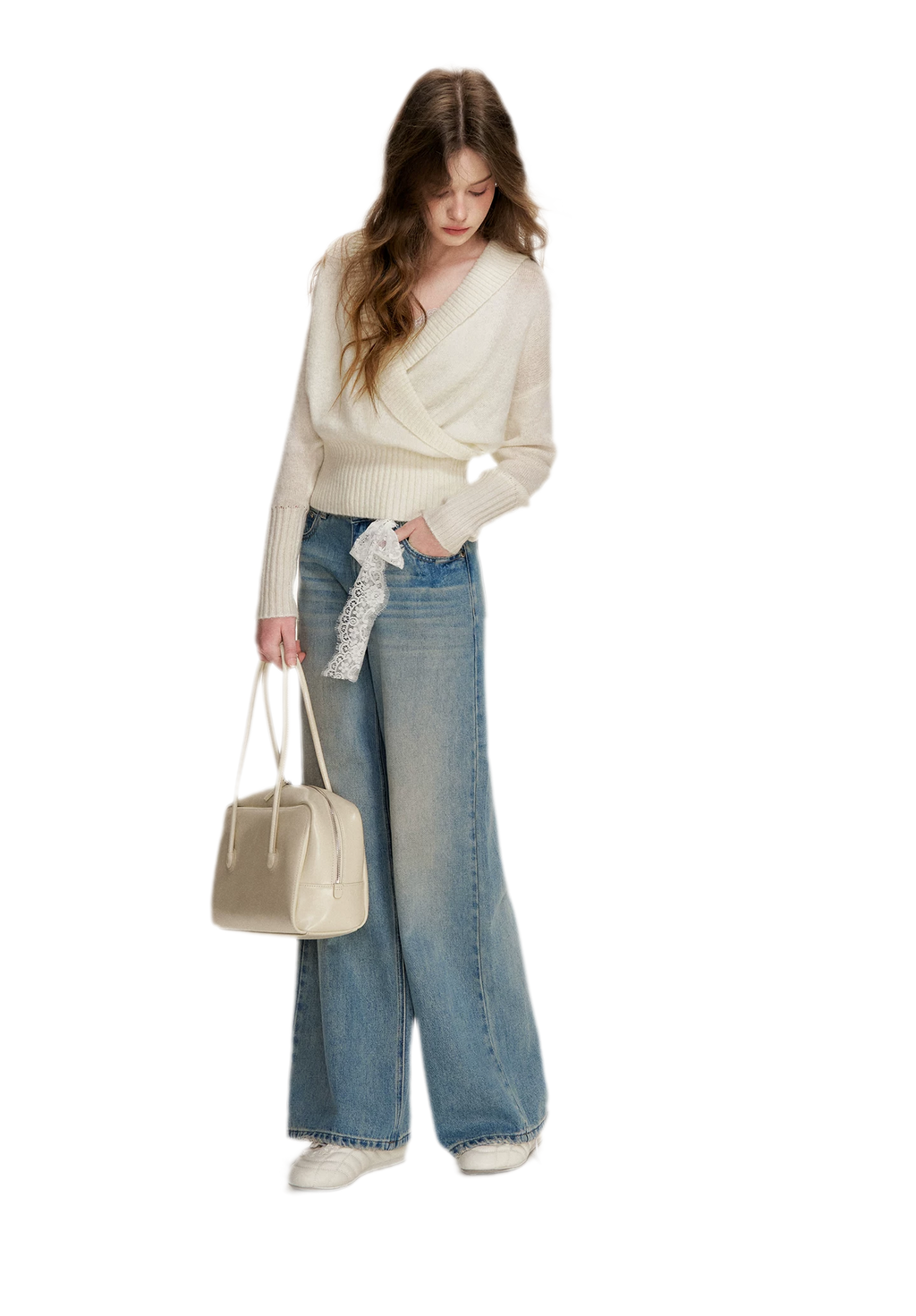 Lace-Trimmed Wide-Leg Denim Pants