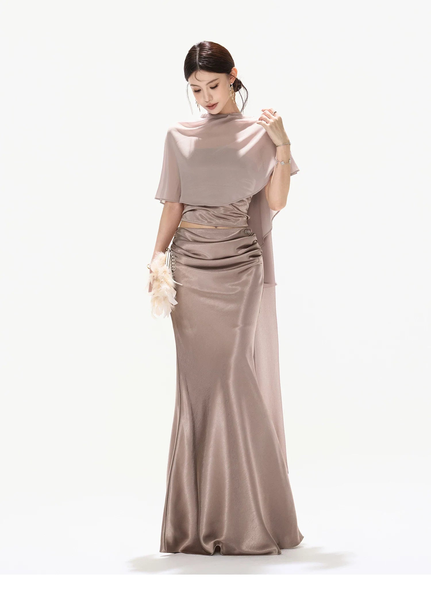 Amber Glow High-Waist Fishtail Satin Skirt