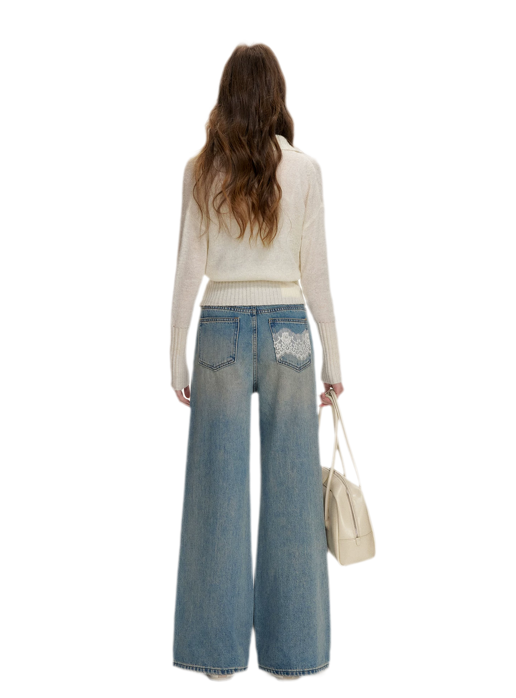 Lace-Trimmed Wide-Leg Denim Pants