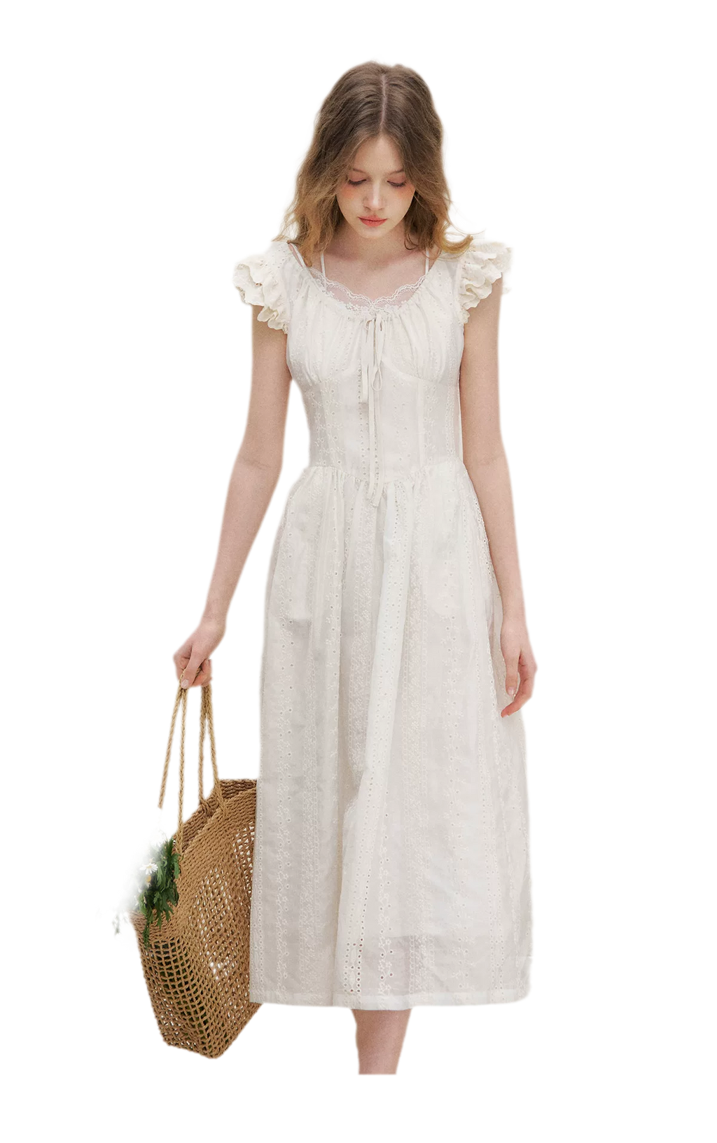 Embroidered Flutter Sleeve Dress