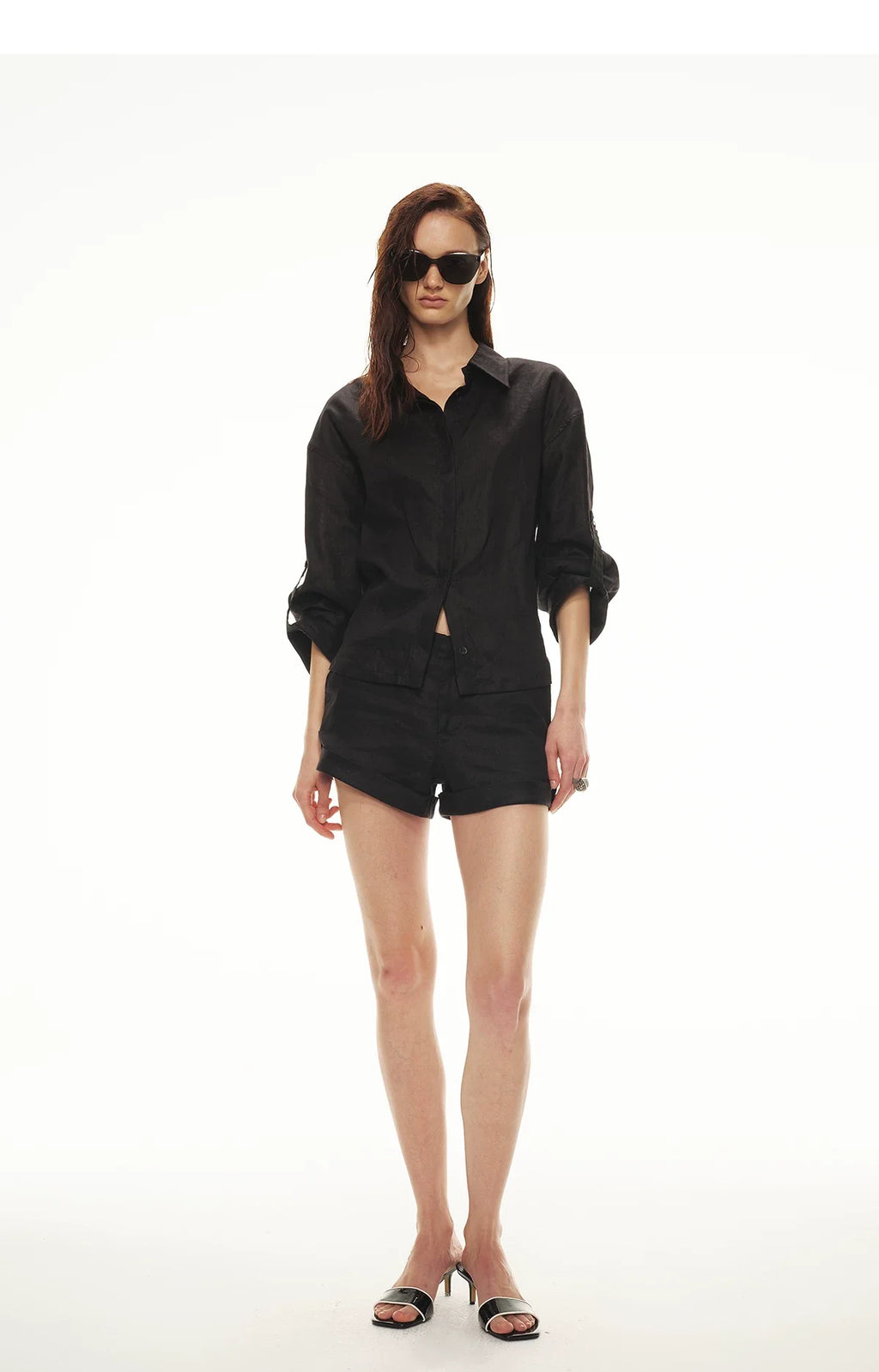 Linen Waist-Defined Shirt & Low-Rise Rolled Shorts Set