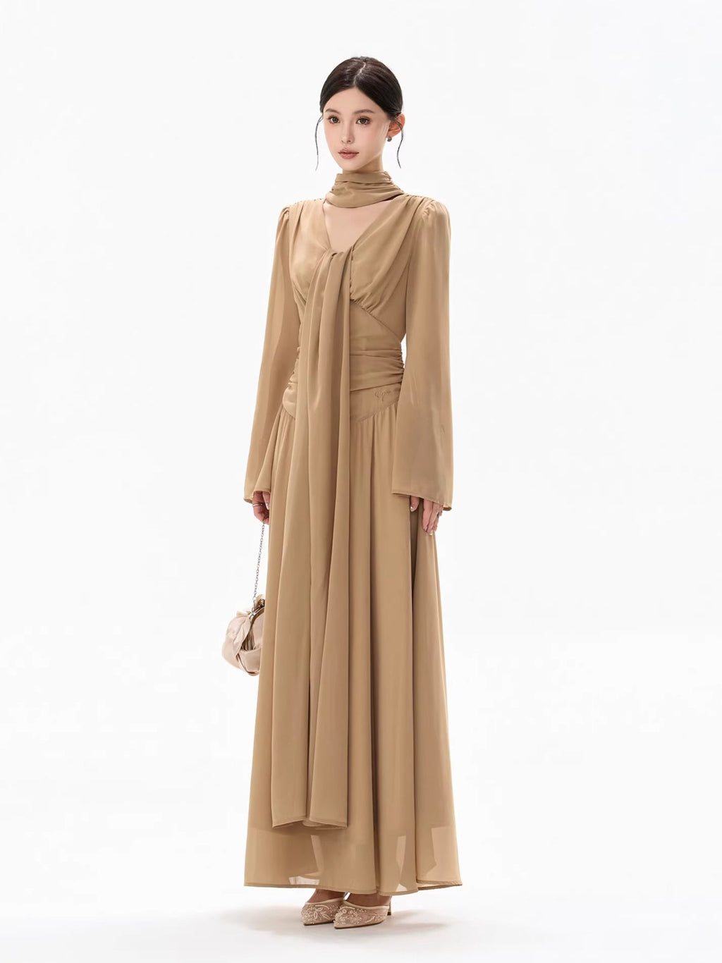 French Ribbon-Tie V-Neck Chiffon Maxi Dress