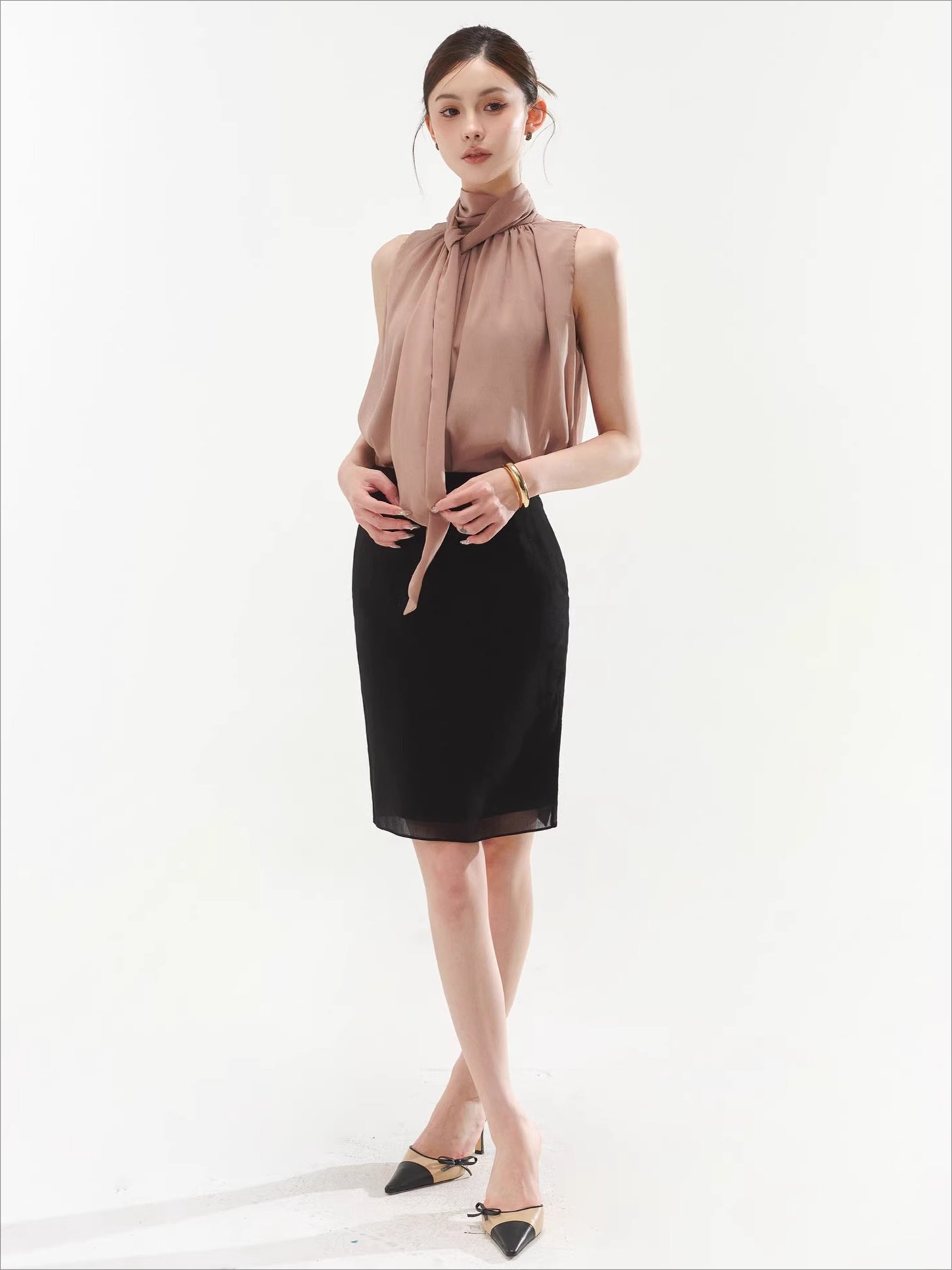 Sleeveless Drape Top & High-Waist Straight Midi Skirt Set