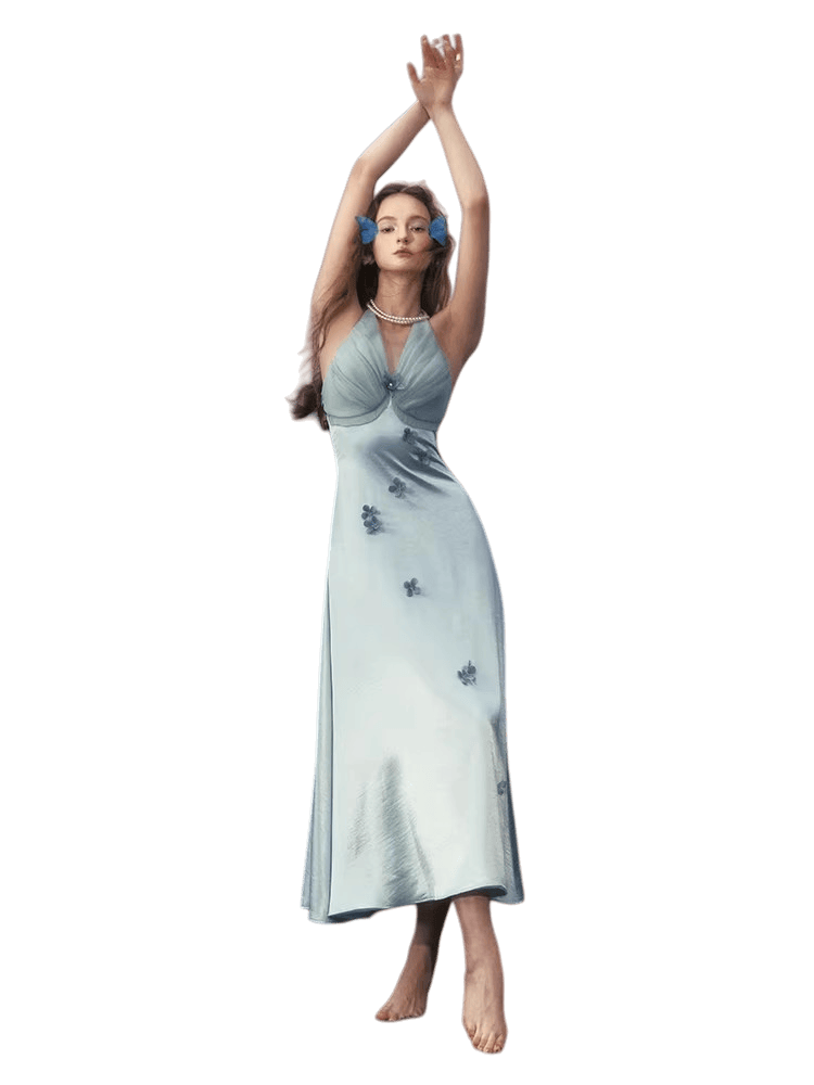 French Resort Halter Blue Floral Satin Dress