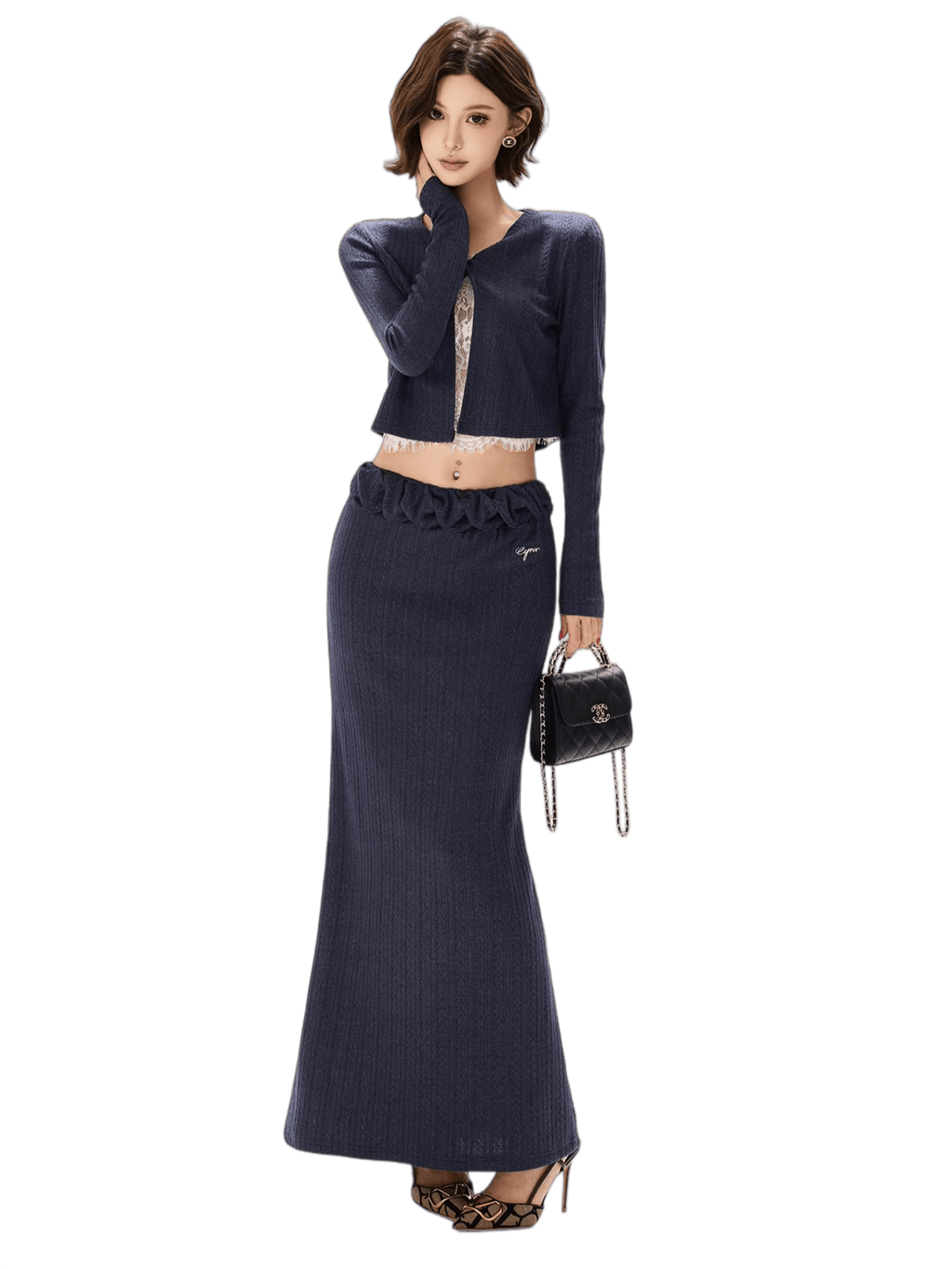 Navy Lace Panel Two-Piece Knit Set