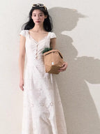 Cream White Lace-Panel Slim Fit Textured Dress