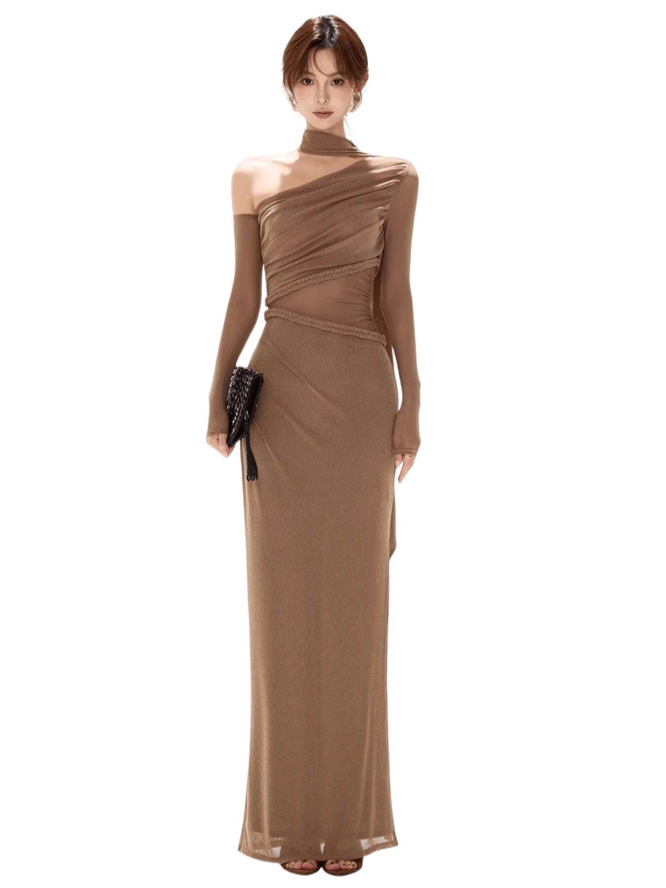 One-Shoulder Mesh Cut-Out Maxi Dress