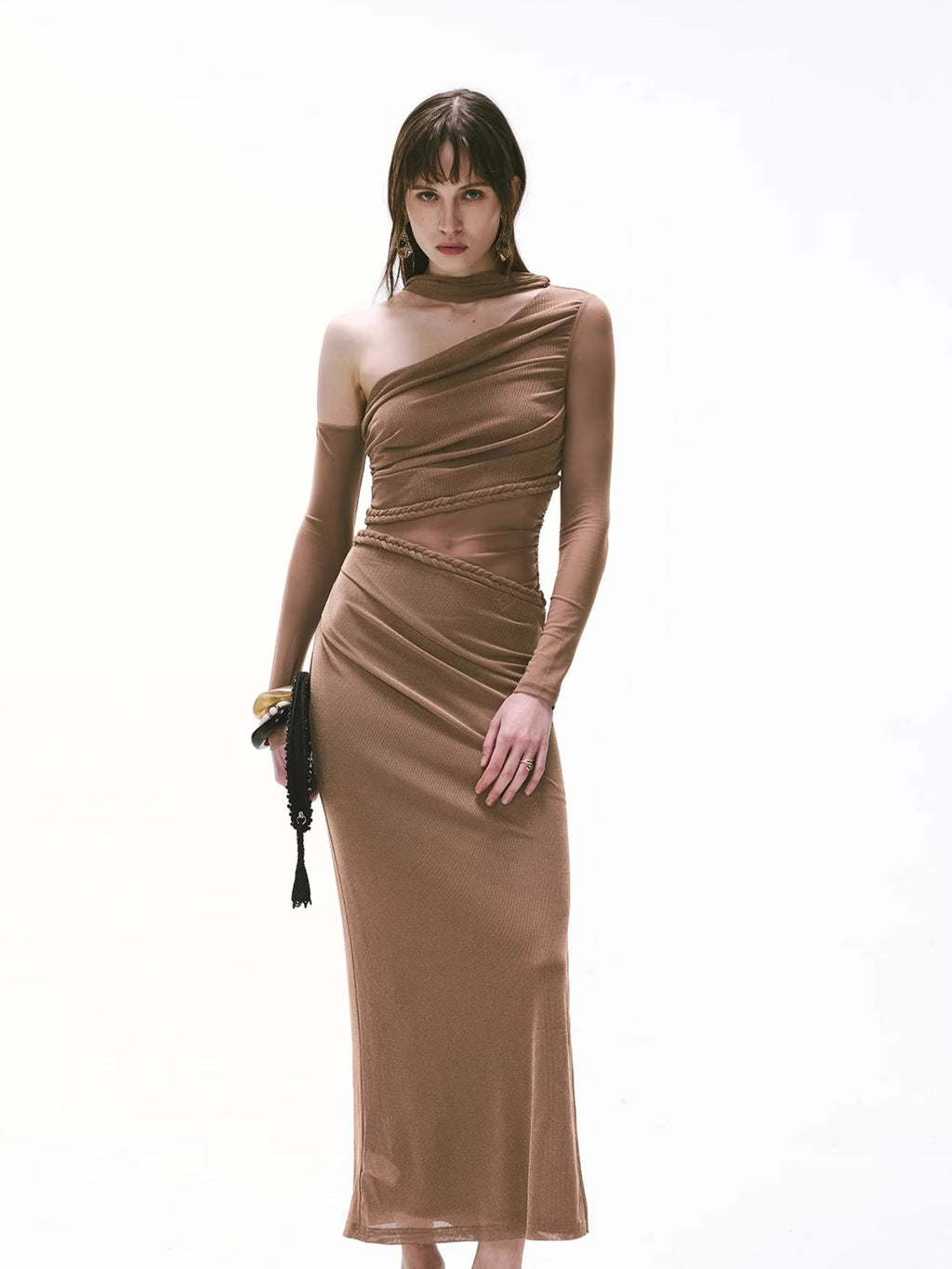 Vintage One-Shoulder Braided Ruched Maxi Dress