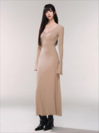 V-Neck Waist-Defining Knit Maxi Dress