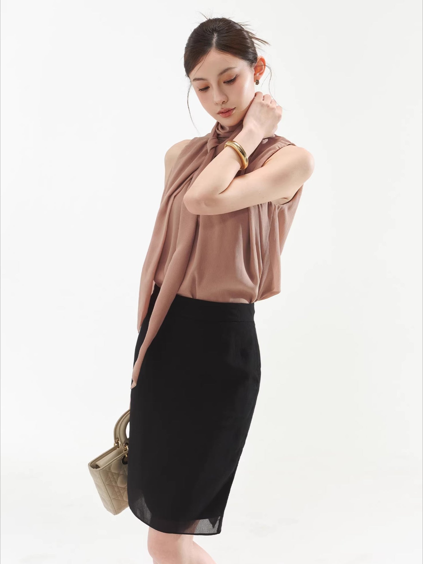 Sleeveless Drape Top & High-Waist Straight Midi Skirt Set
