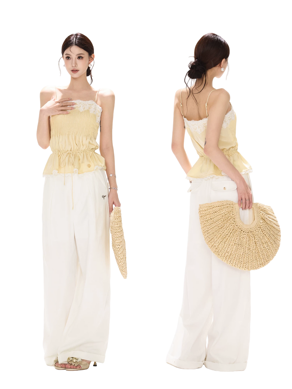 South France Holiday Lace Trim Waist-Cinched Camisole