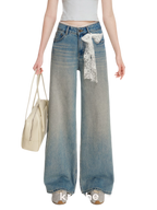 Lace-Trimmed Wide-Leg Denim Pants