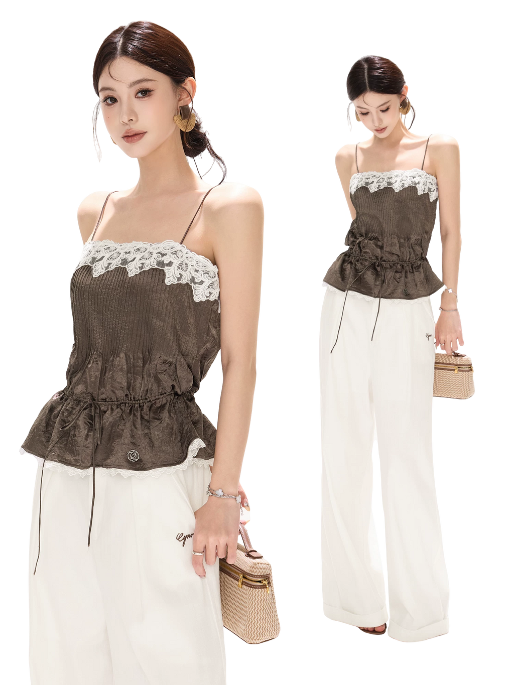 South France Holiday Contrast Lace Trim Ruffle Camisole