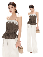 South France Holiday Contrast Lace Trim Ruffle Camisole