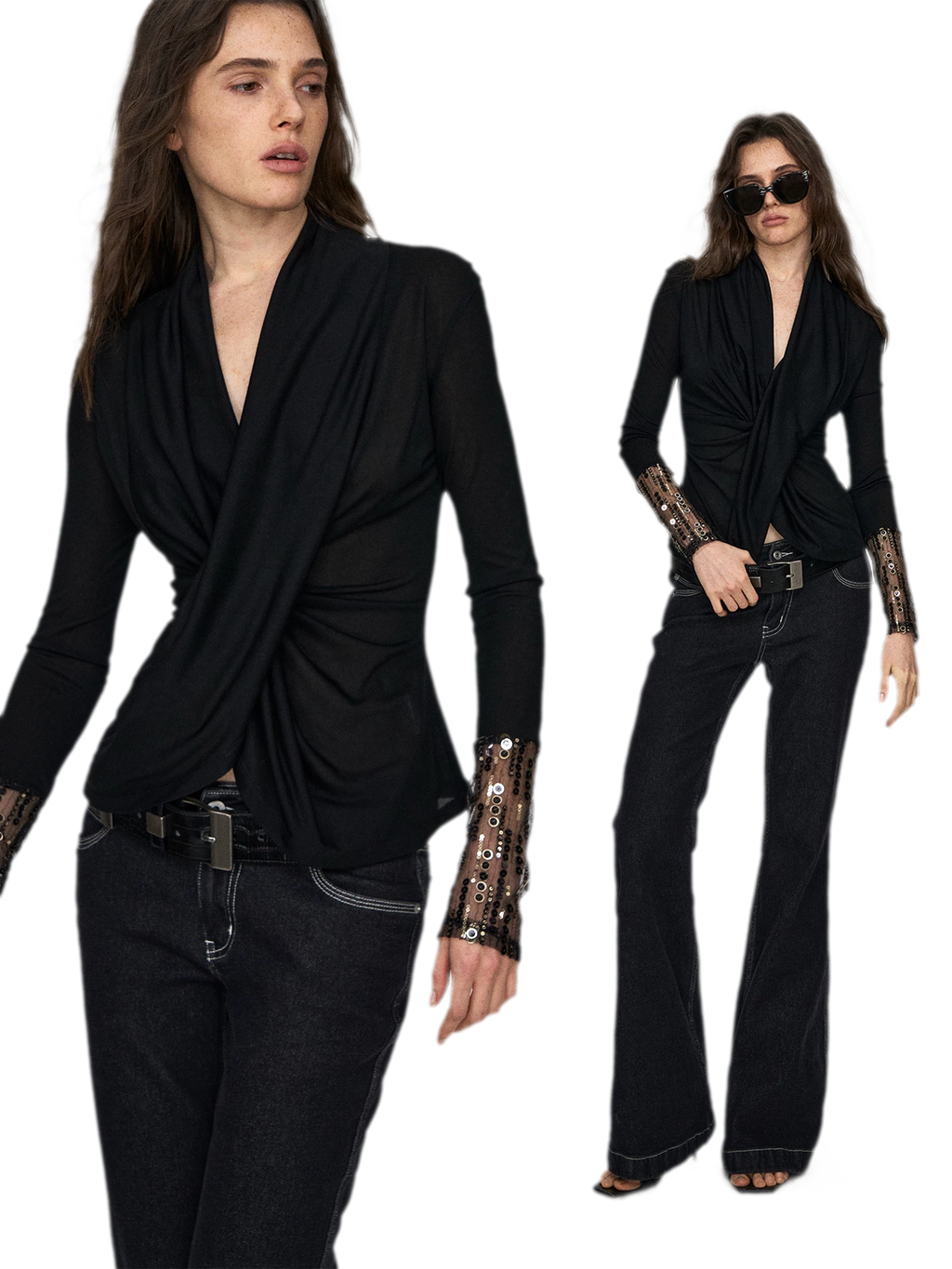 Embroidered Acetate Silk Cross-Knot Long Sleeve T-Shirt