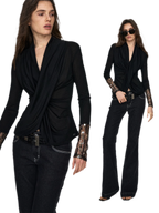 Embroidered Acetate Silk Cross-Knot Long Sleeve T-Shirt