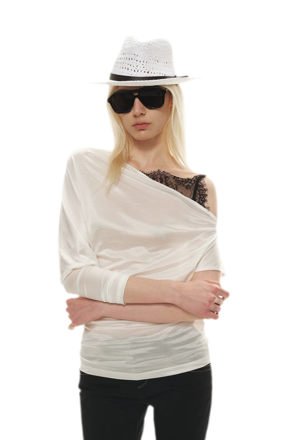 Satin Off-Shoulder Lace Trim T-Shirt