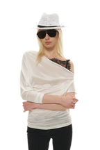 Satin Off-Shoulder Lace Trim T-Shirt