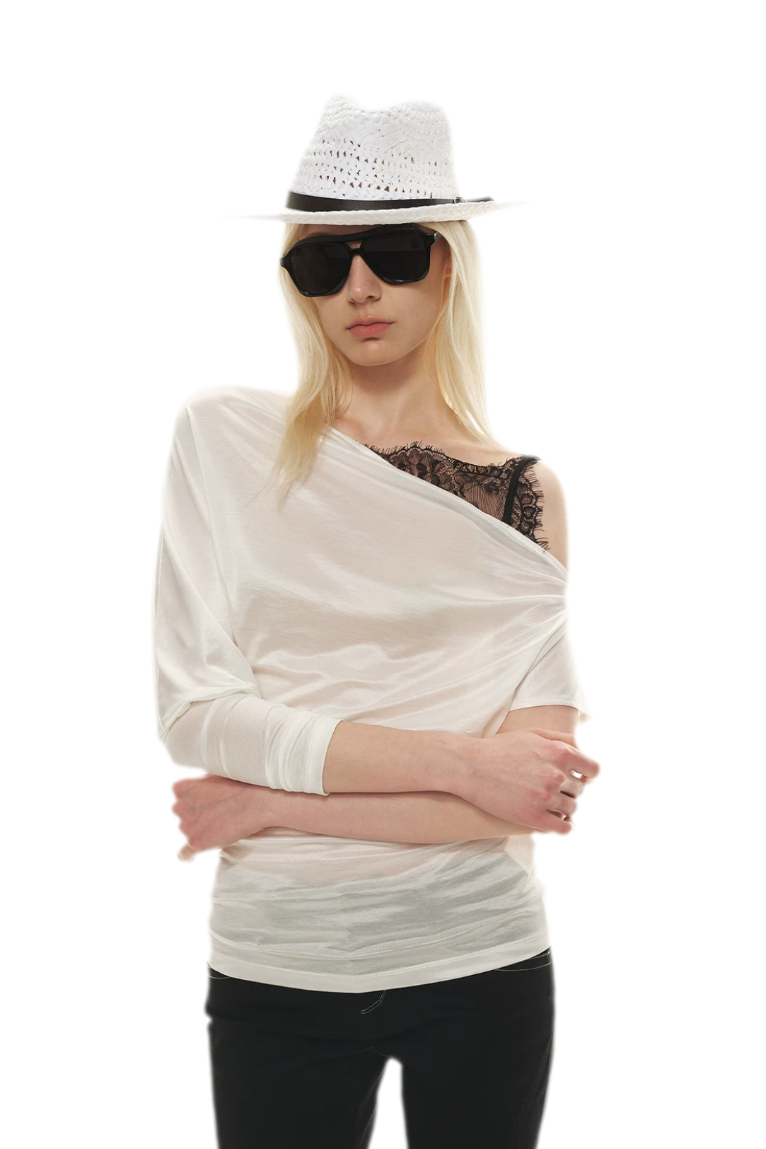 Satin Off-Shoulder Lace Trim T-Shirt