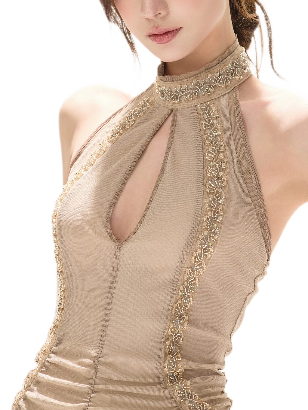 Beaded Halter Mesh Gown