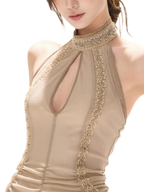 Beaded Halter Mesh Gown