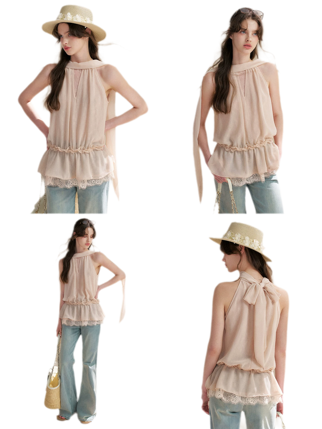 Chiffon Lace Halter V-Neck Blouse