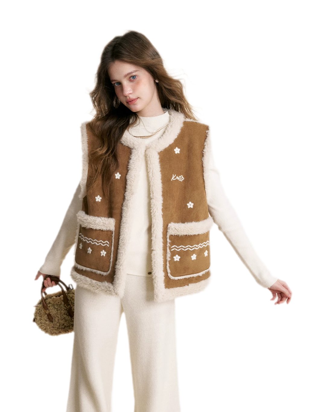 Shearling Floral Embroidered Vest