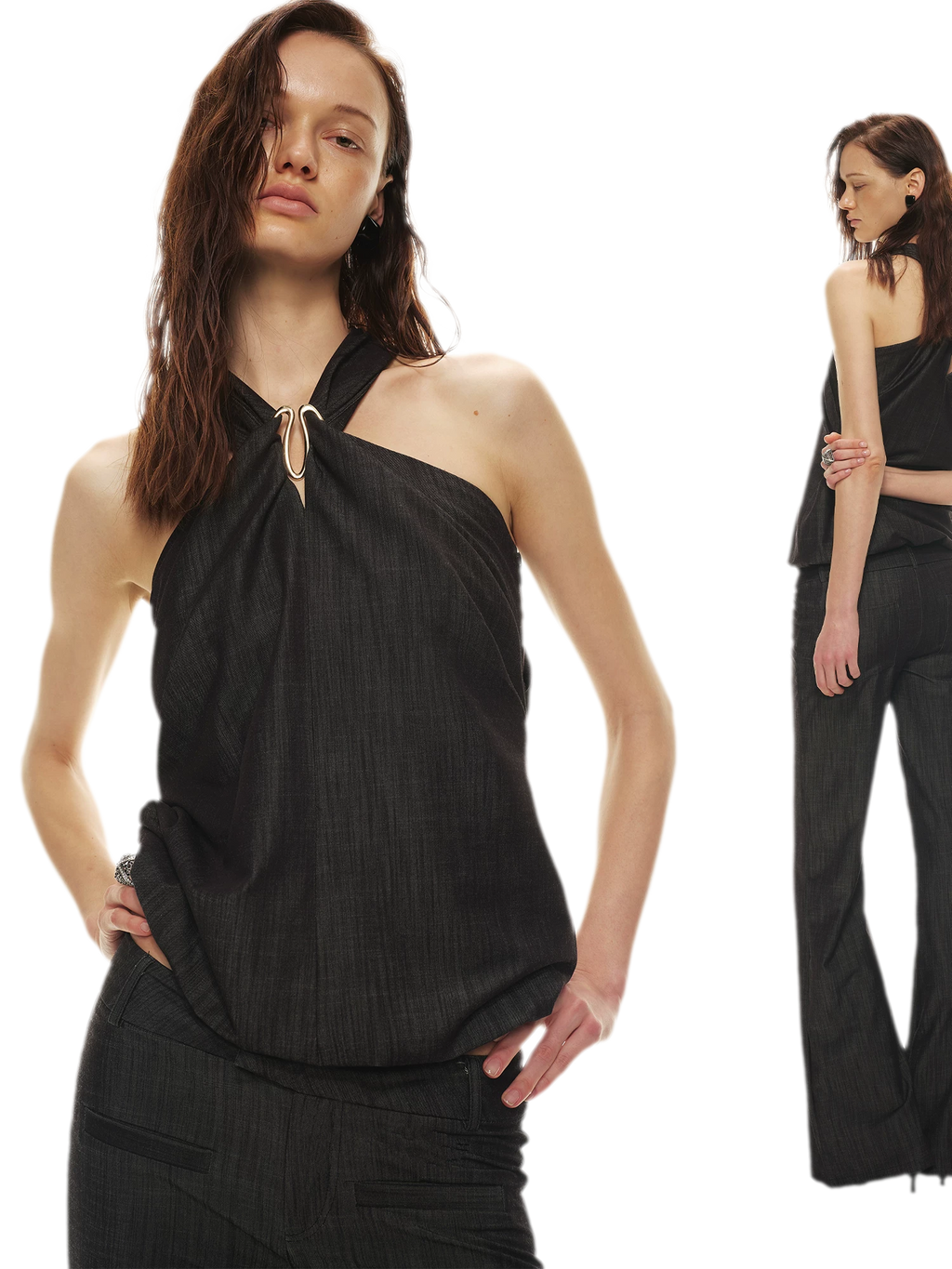 Tencel Hollow Halter Top & Flared Pants Set