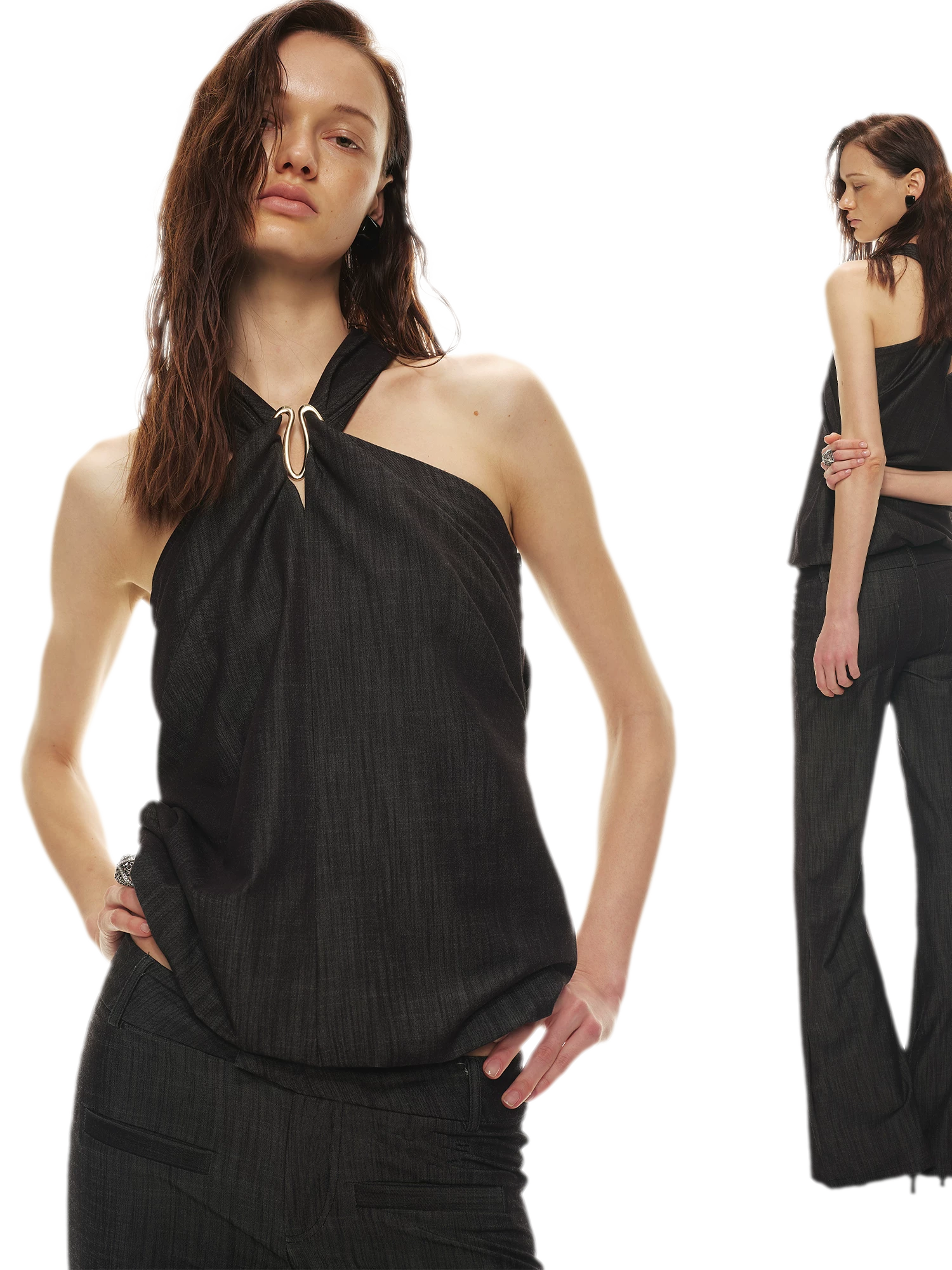 Tencel Hollow Halter Top & Flared Pants Set