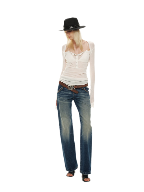 Classic Vintage Washed Distressed Wide-Leg Jeans