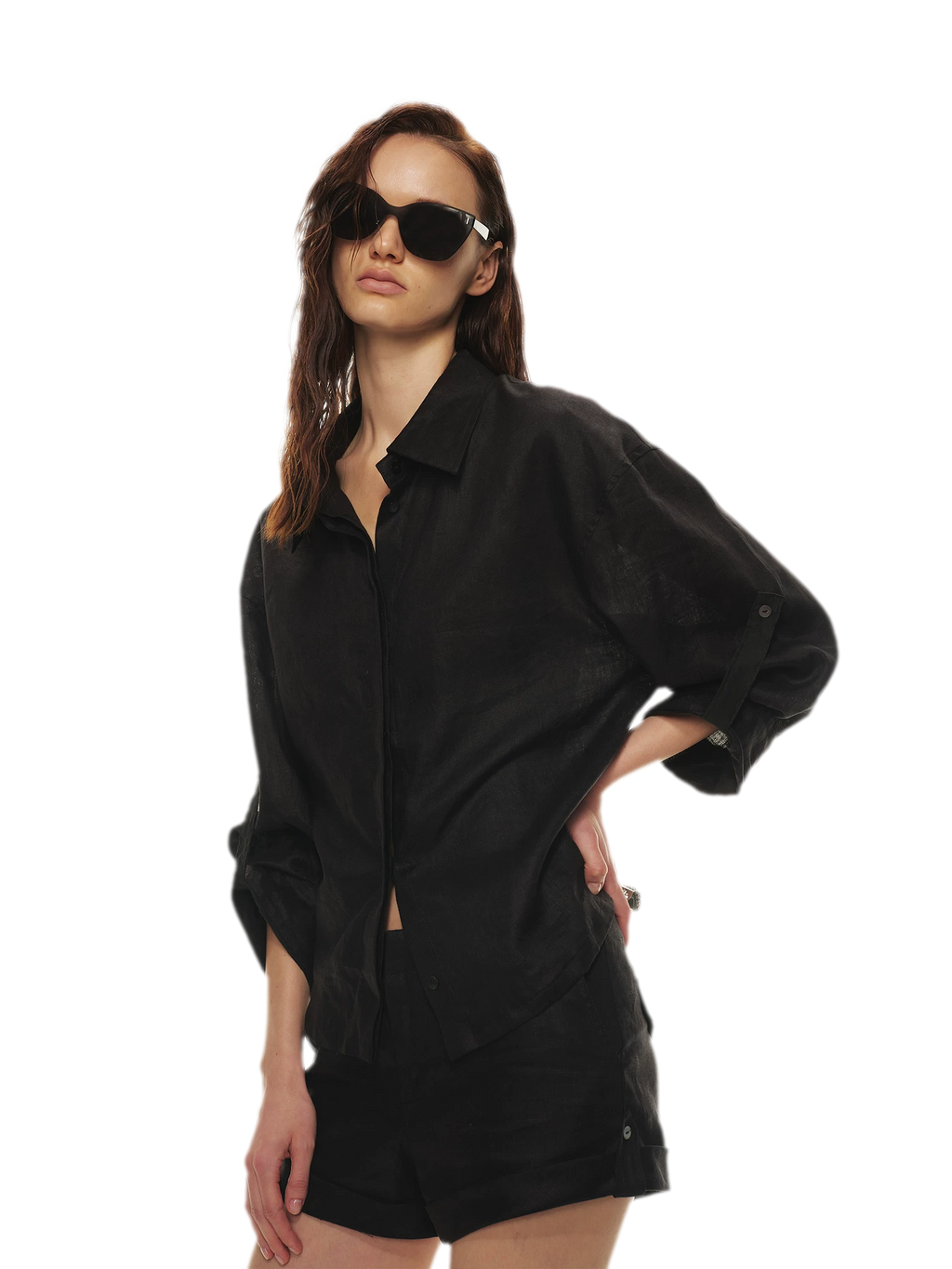 Linen Waist-Defined Shirt & Low-Rise Rolled Shorts Set