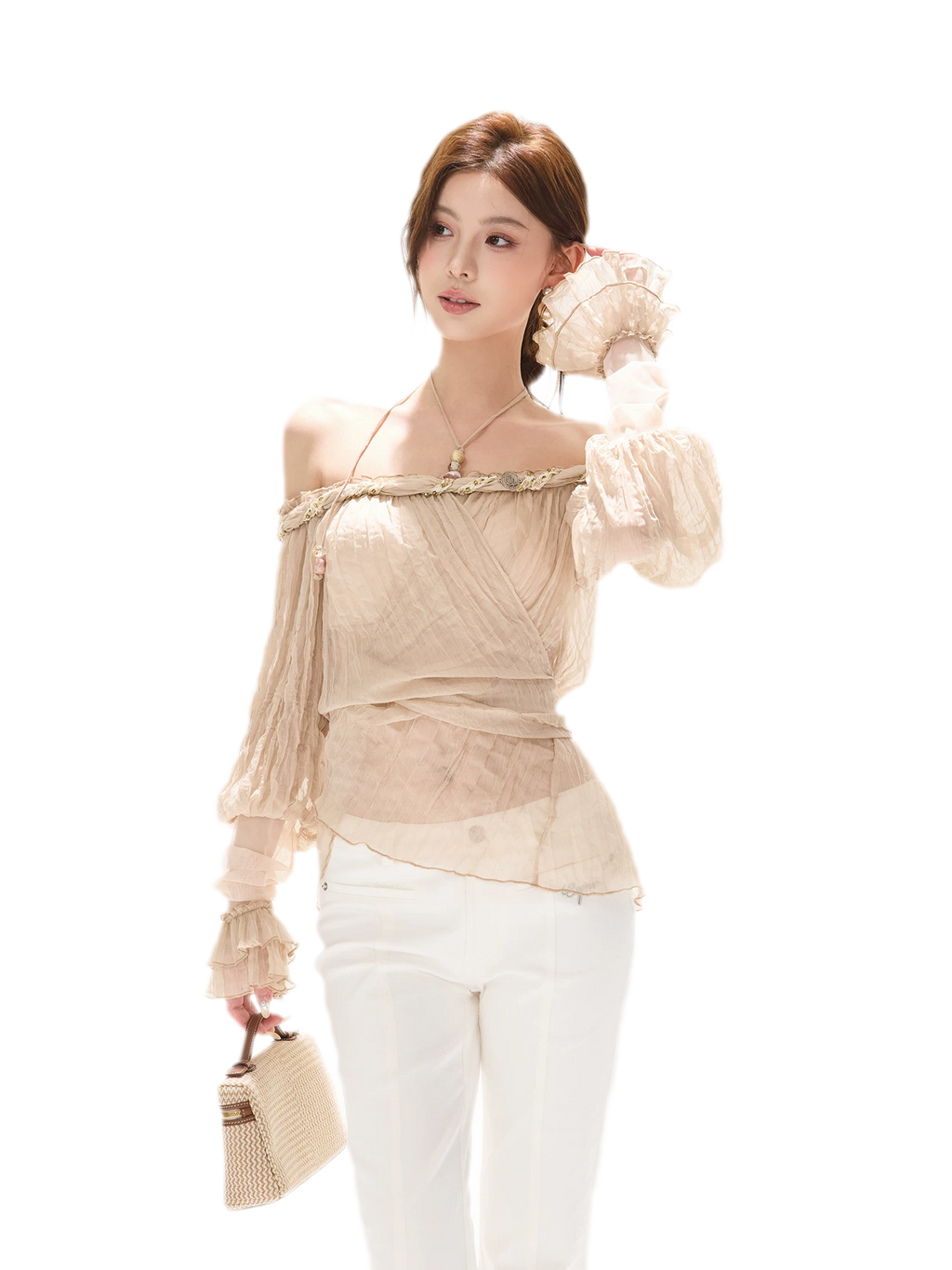 Crinkled Chiffon Beaded Blouse