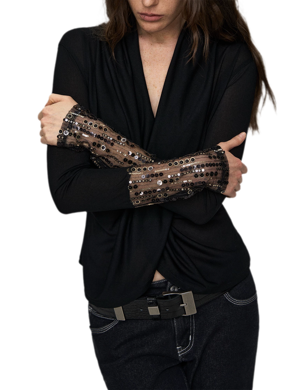 Embroidered Acetate Silk Cross-Knot Long Sleeve T-Shirt