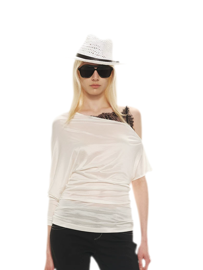 Satin Off-Shoulder Lace Trim T-Shirt