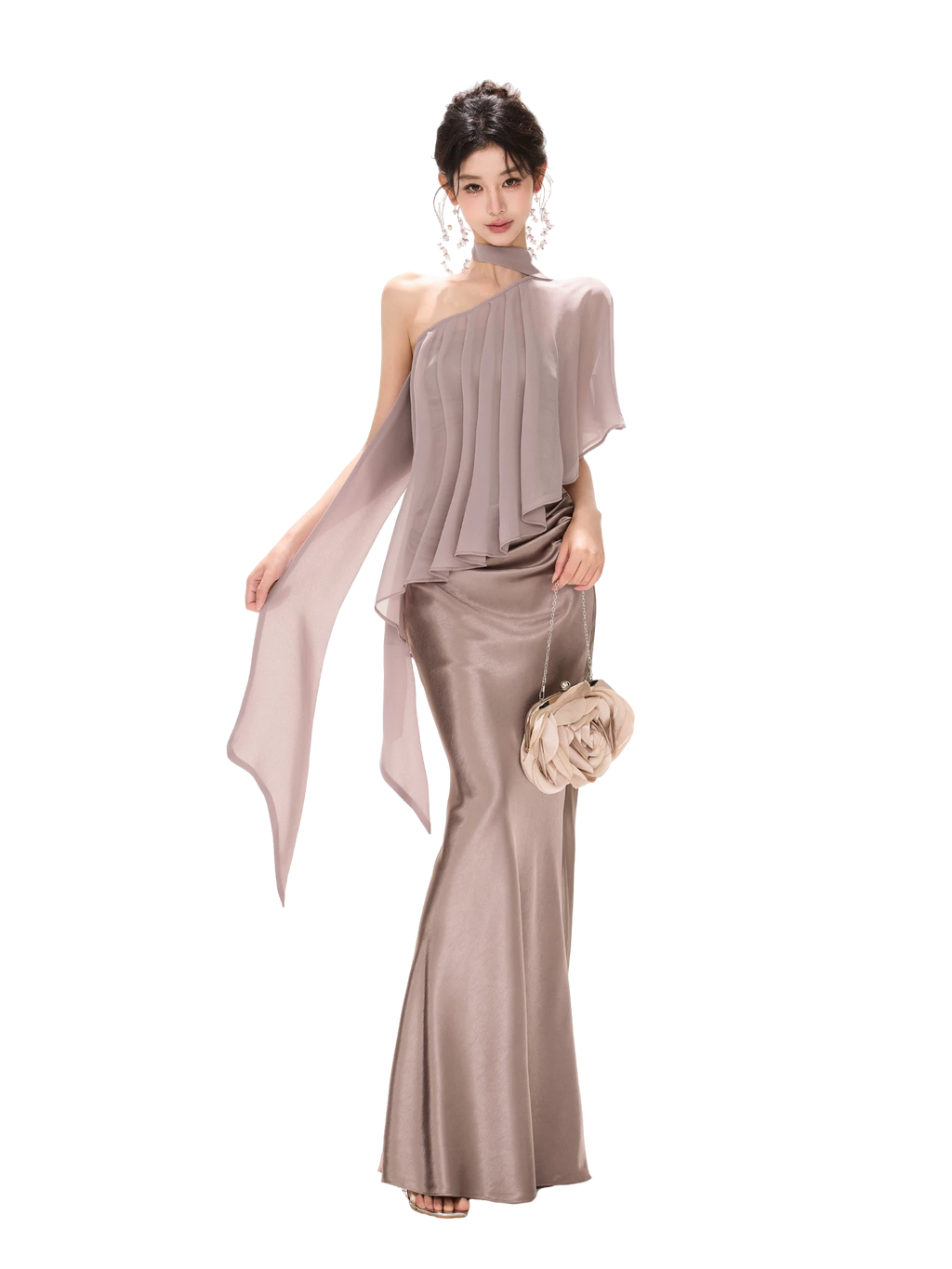 Amber Glow High-Waist Fishtail Satin Skirt