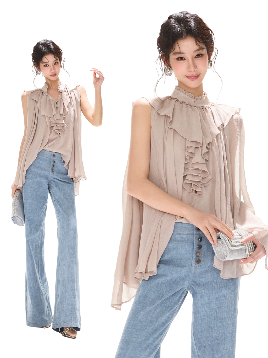 Lightweight Ruffle Collar Sleeveless Chiffon Blouse
