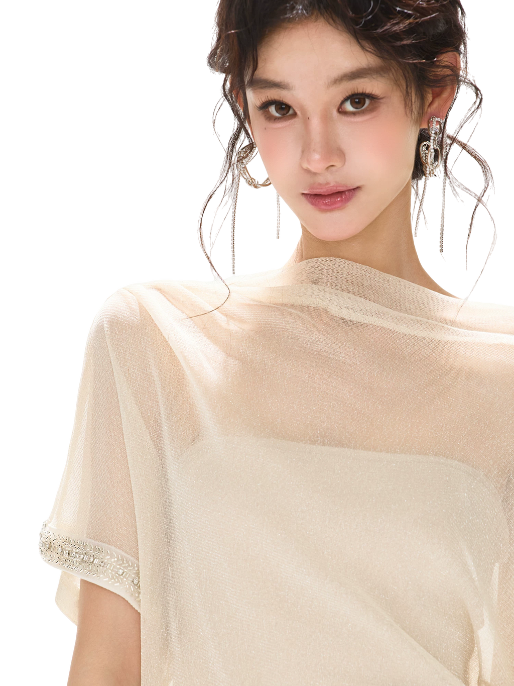 Silver Mesh Beaded Batwing Sleeve Top