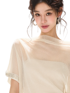 Silver Mesh Beaded Batwing Sleeve Top