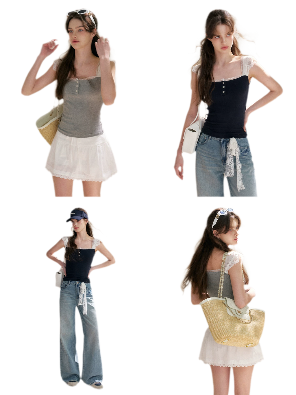 Lace Edge Wide Strap Knit T-Shirt
