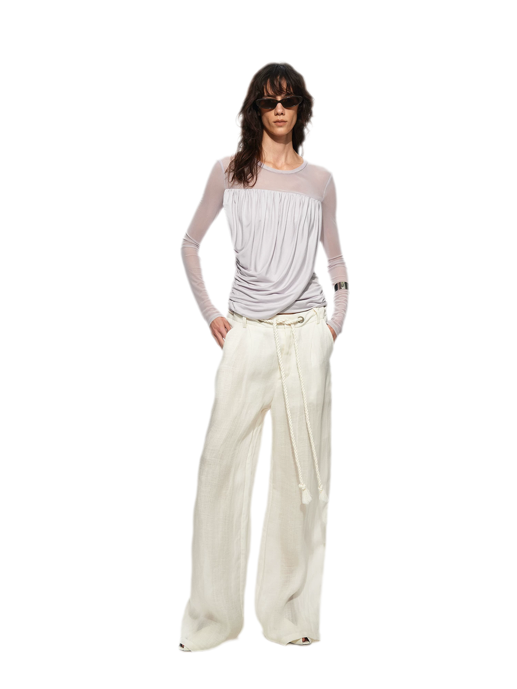 Draped Mesh Long Sleeve Tee