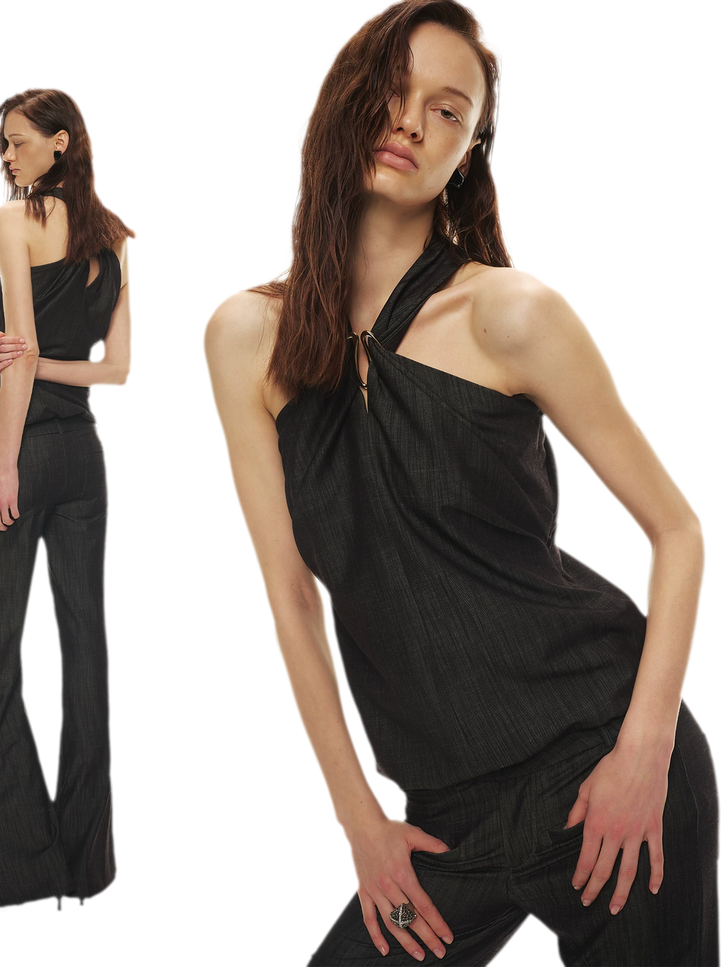Tencel Hollow Halter Top & Flared Pants Set