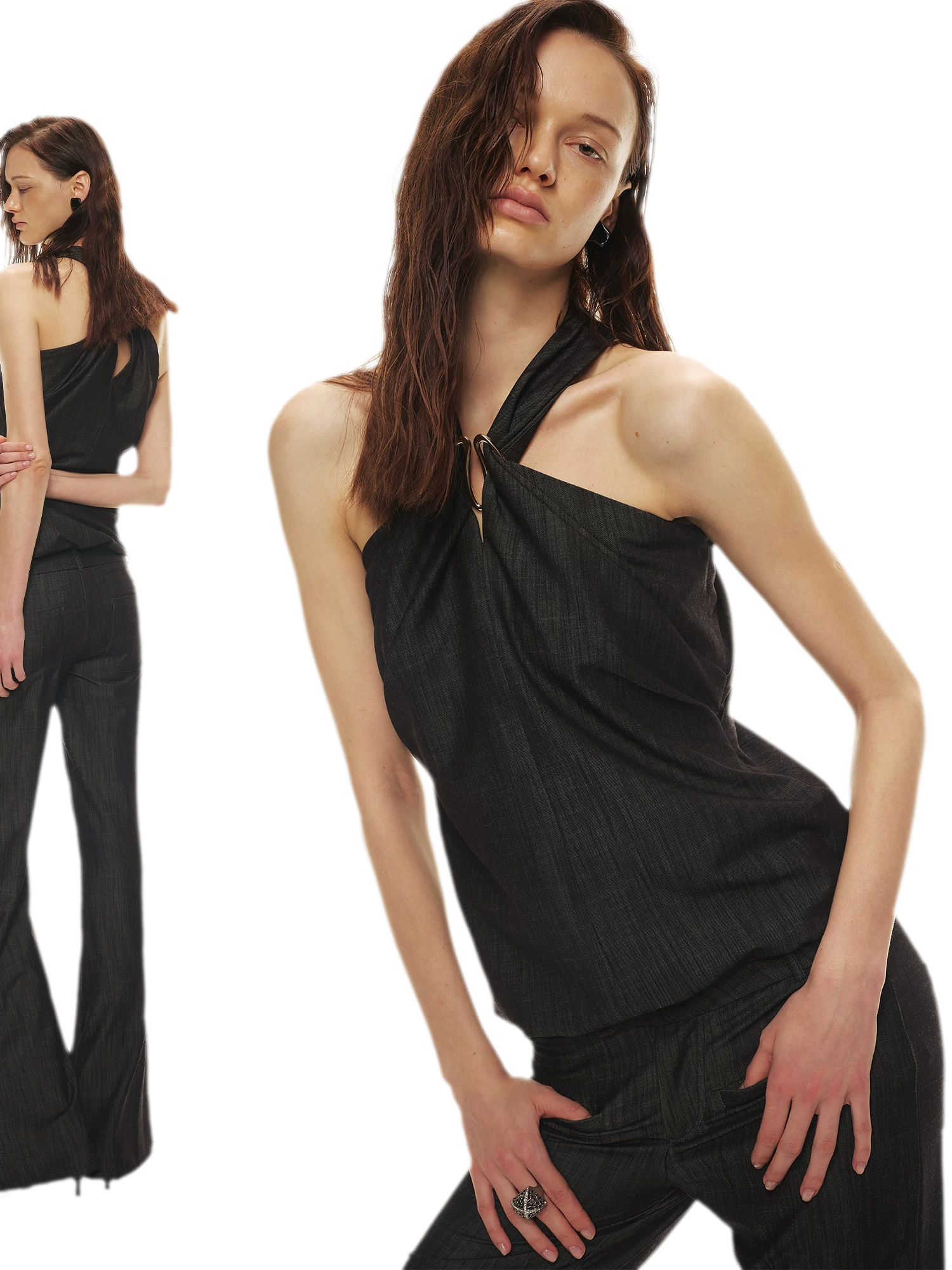 Tencel Hollow Halter Top & Flared Pants Set