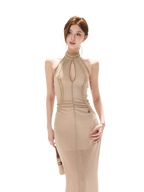 Beaded Halter Mesh Gown